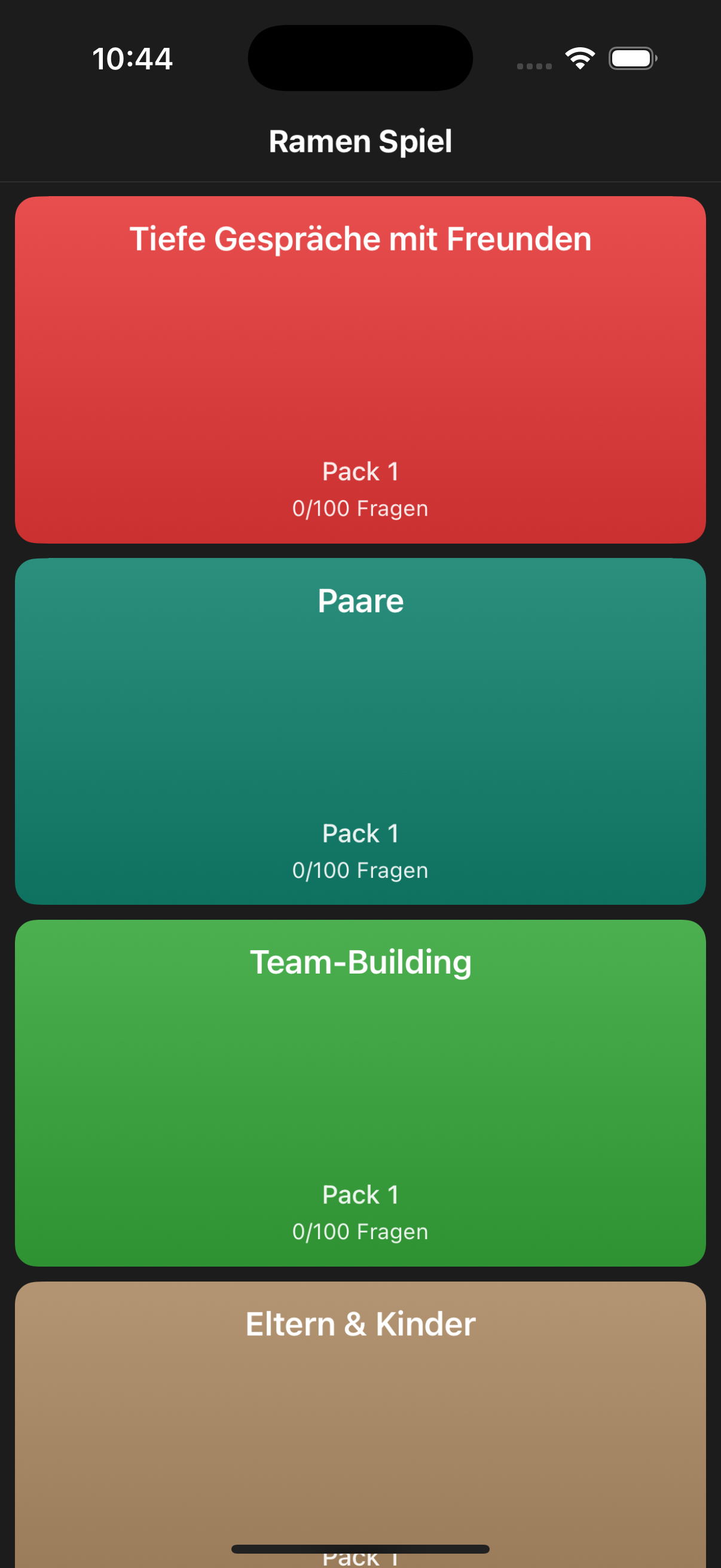 Ramen Spiel Hauptmenü mit verschiedenen Kategorien wie Tiefe Gespräche, Paare, und Team-Building